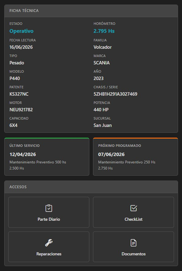 Acceso por código QR: escaneás el equipo con el celular y accedés a su ficha al instante. Documentación, historial de reparaciones y Check list solo con acceso para usuarios autorizados.
